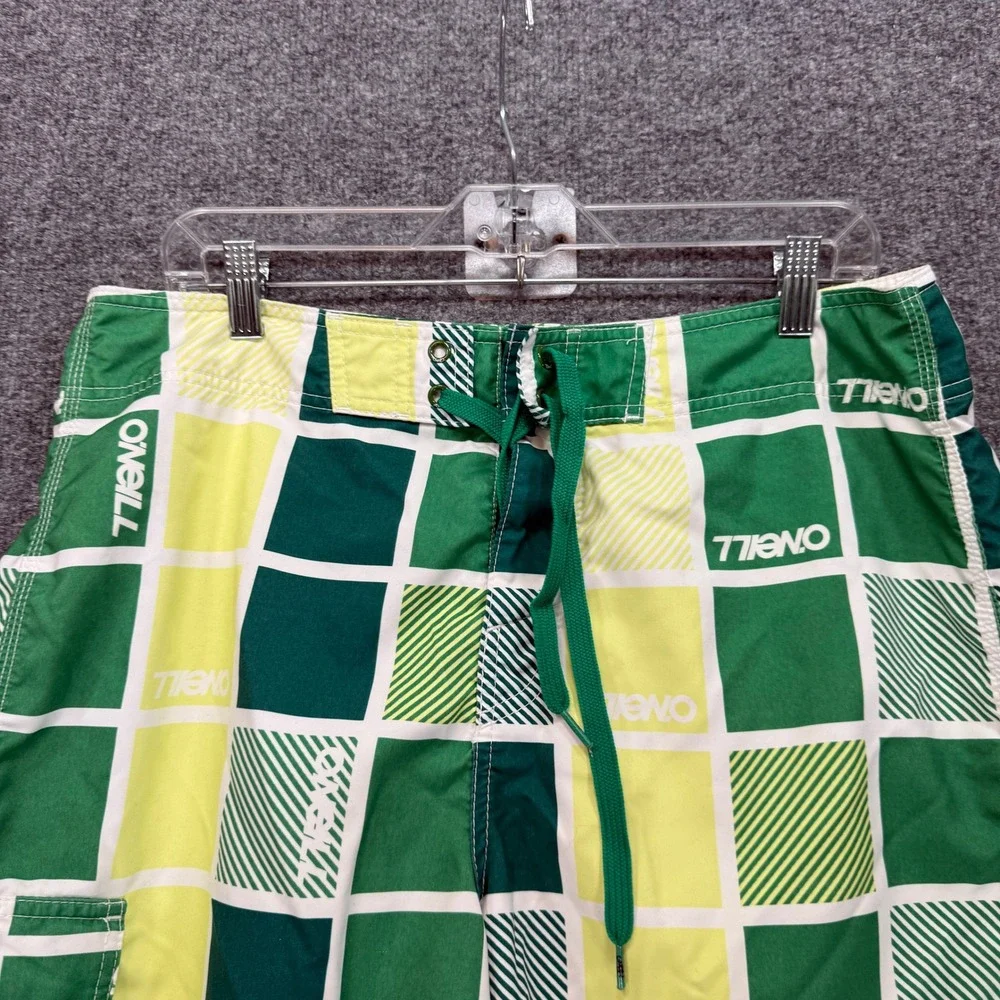 ONeill Board Shorts Men 34 Green Checkered Surf Swim Trunks Y2K Logo Lightweight